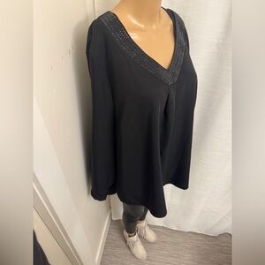 27” ptp Penningtons Black V-Neck Blouse with Embellished black jewels Trim